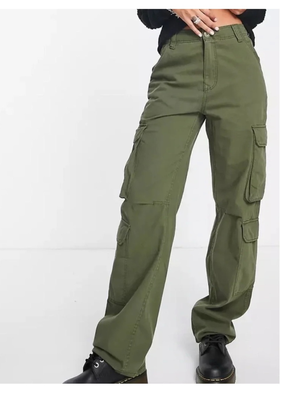 Bershka Olive Green Cargo Pants 4 Pockets Cotton Straight Multicargo Size 4